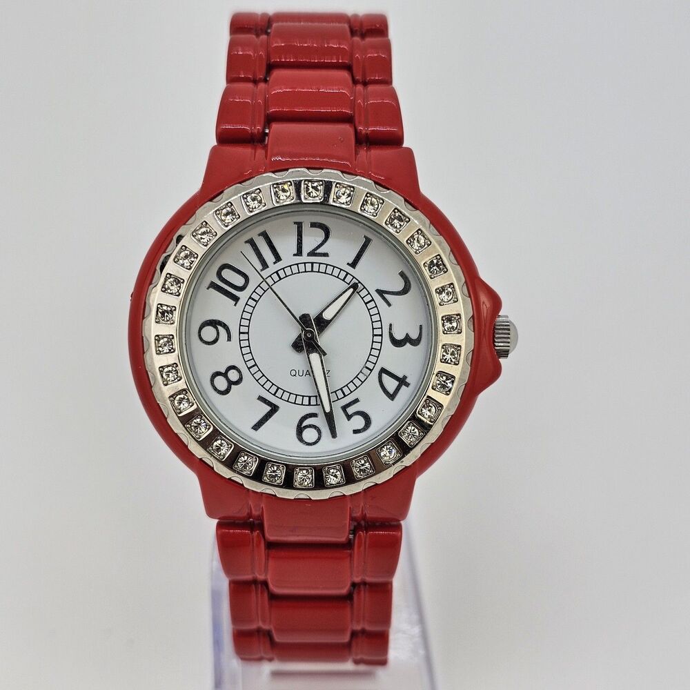 40MM Women's Watch White Dial Gemmed Bezel Red Metal‎ Bands 7.5" New Battery
